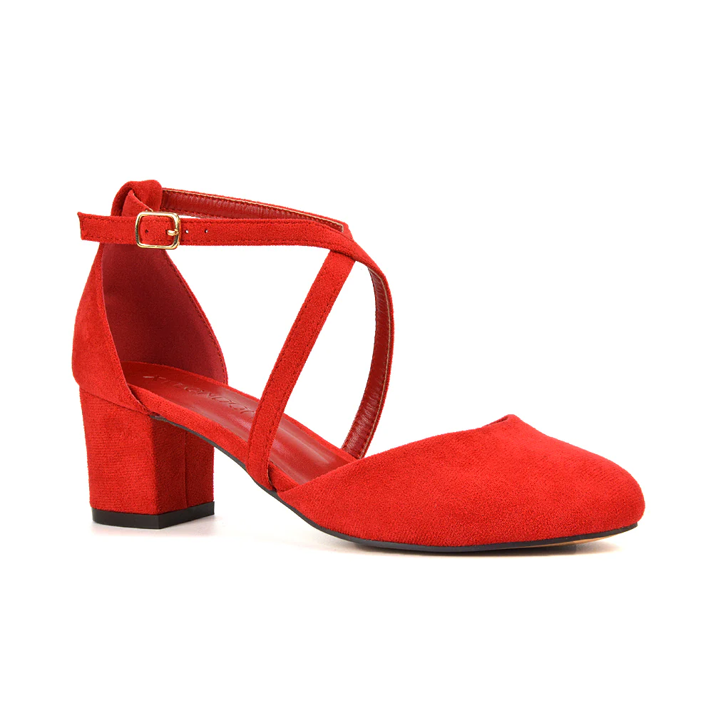 Riana Closed Toe Mid Block Heel Sandal Court Shoes in Black Synthetic Leather - Image 14