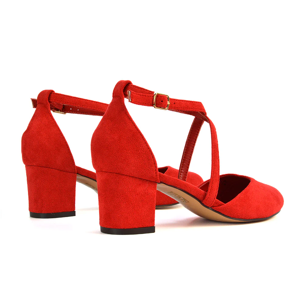 Riana Closed Toe Mid Block Heel Sandal Court Shoes in Black Synthetic Leather - Image 12