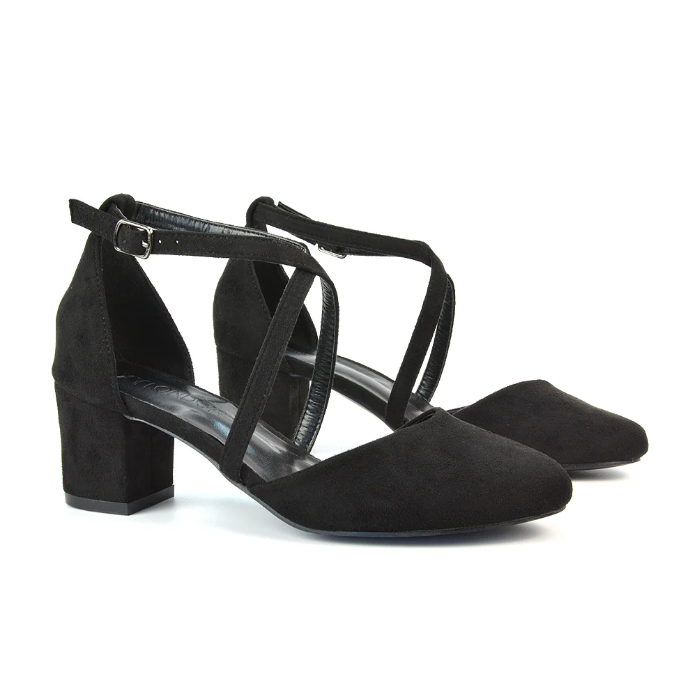 Riana Closed Toe Mid Block Heel Sandal Court Shoes in Black Synthetic Leather - Image 8