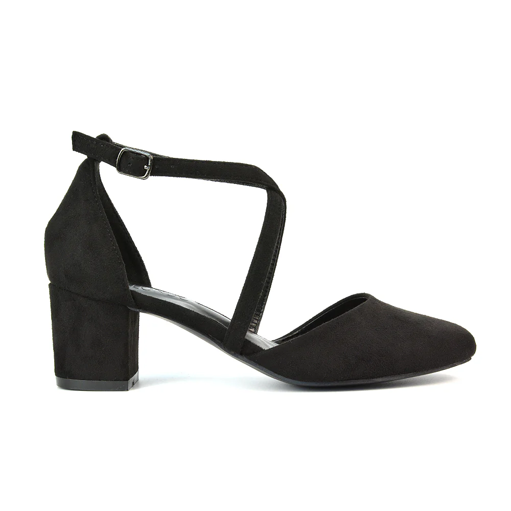 Riana Closed Toe Mid Block Heel Sandal Court Shoes in Black Synthetic Leather - Image 10