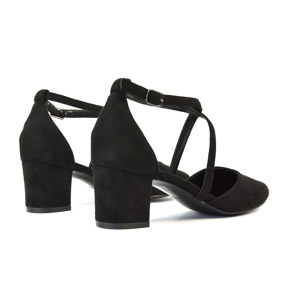 Riana Closed Toe Mid Block Heel Sandal Court Shoes in Black Synthetic Leather - Image 7