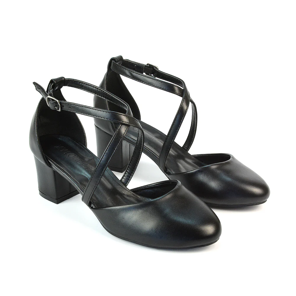 Riana Closed Toe Mid Block Heel Sandal Court Shoes in Black Synthetic Leather - Image 2