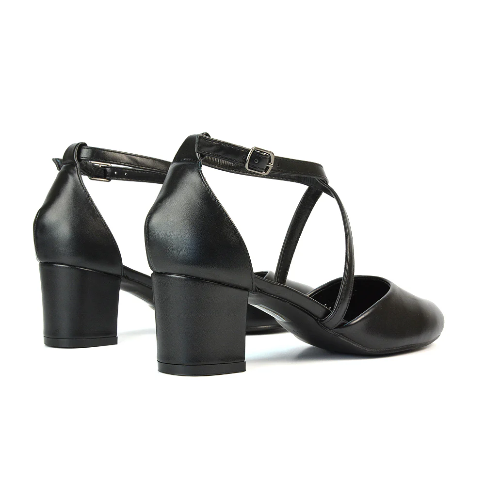 Riana Closed Toe Mid Block Heel Sandal Court Shoes in Black Synthetic Leather - Image 5