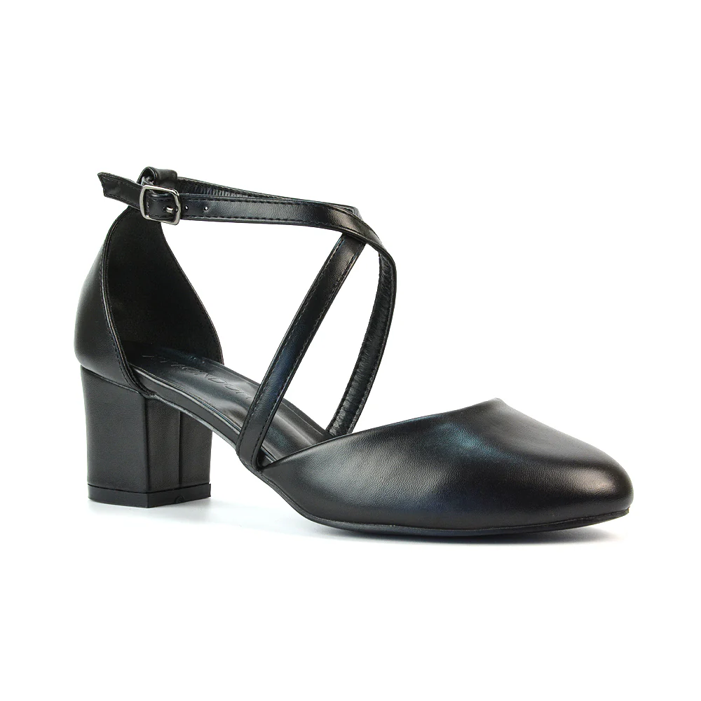 Riana Closed Toe Mid Block Heel Sandal Court Shoes in Black Synthetic Leather - Image 4