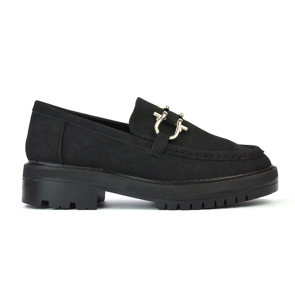 Riley Chunky Block Heel Loafers With Silver Buckle in Black Synthetic Leather - Image 11