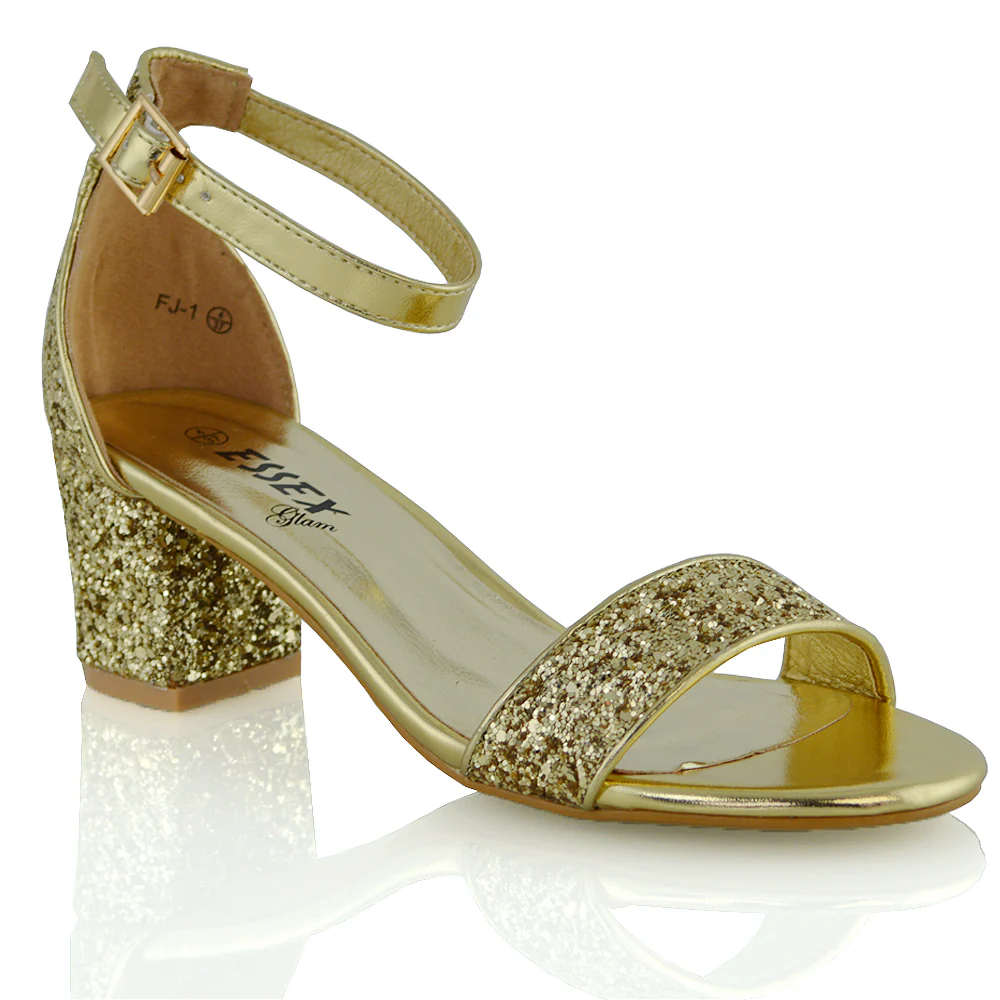 RITA BUCKLE UP ANKLE STRAP LOW MID-BLOCK HIGH HEEL SANDALS IN GOLD GLITTER - Image 17