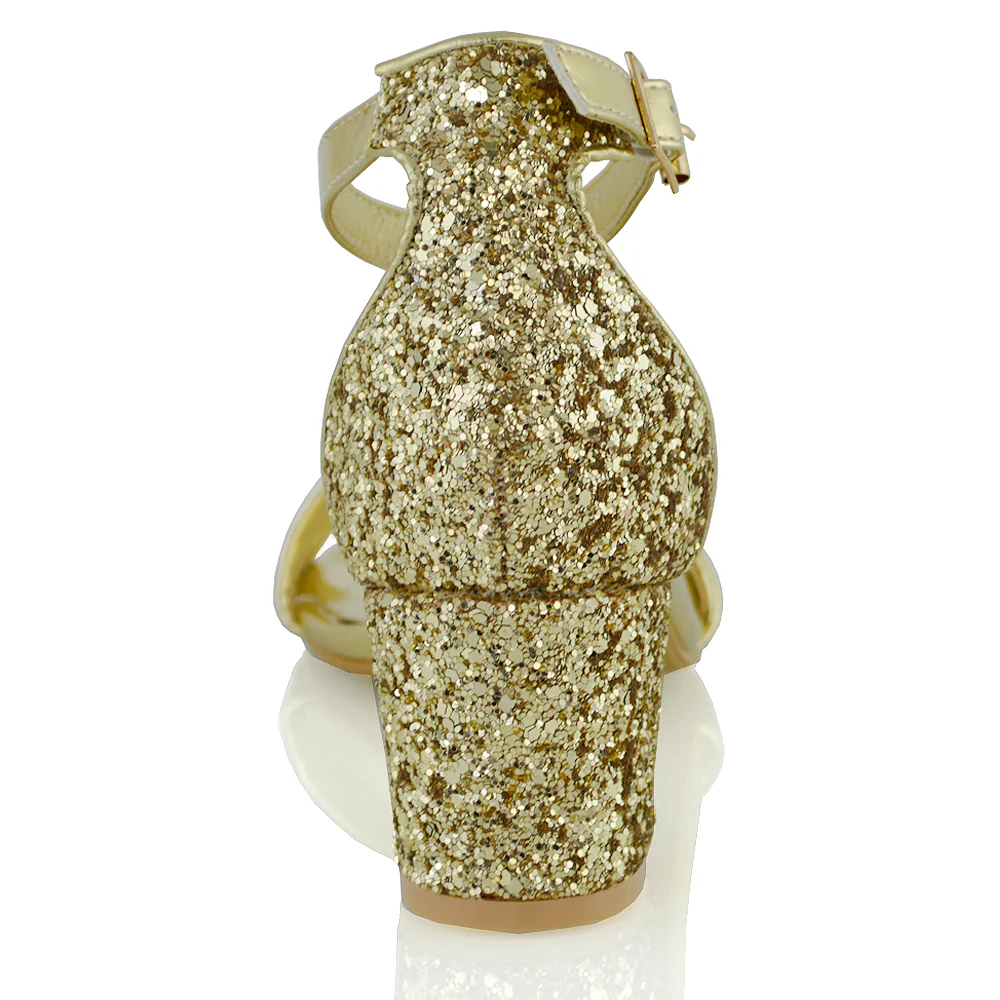 RITA BUCKLE UP ANKLE STRAP LOW MID-BLOCK HIGH HEEL SANDALS IN GOLD GLITTER - Image 19
