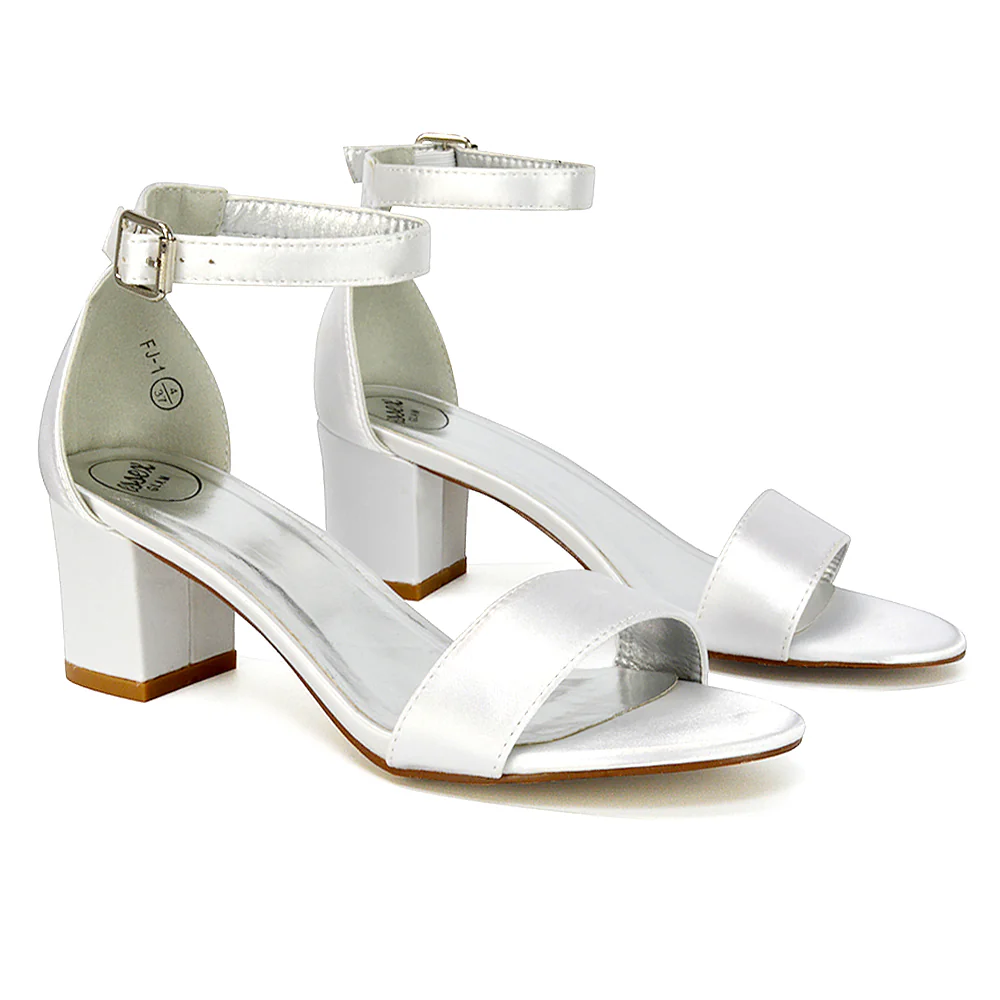 RITA BUCKLE UP ANKLE STRAP LOW MID-BLOCK HIGH HEEL SANDALS IN IVORY SATIN - Image 34