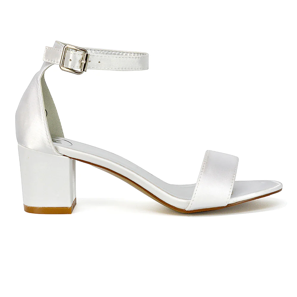 RITA BUCKLE UP ANKLE STRAP LOW MID-BLOCK HIGH HEEL SANDALS IN IVORY SATIN - Image 8