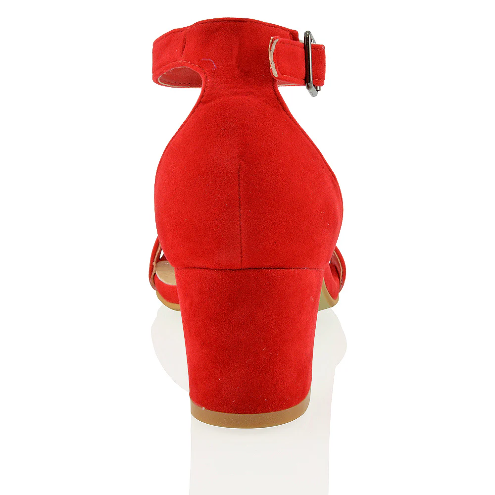 RITA BUCKLE UP ANKLE STRAP LOW MID-BLOCK HIGH HEEL SANDALS IN RED FAUX SUEDE - Image 10