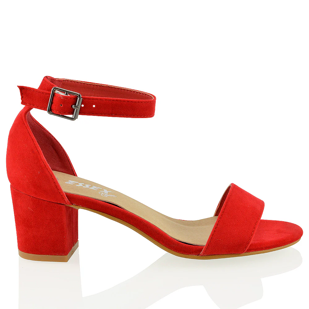RITA BUCKLE UP ANKLE STRAP LOW MID-BLOCK HIGH HEEL SANDALS IN RED FAUX SUEDE - Image 9