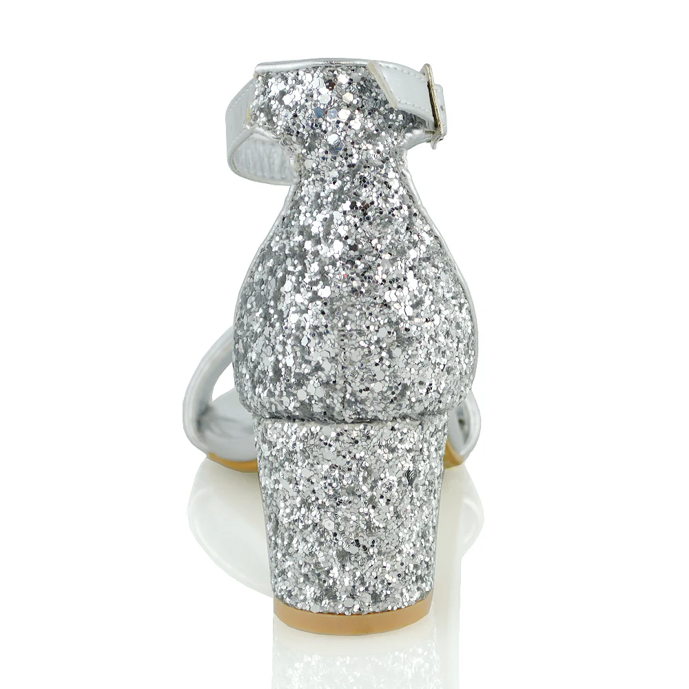 RITA BUCKLE UP ANKLE STRAP LOW MID-BLOCK HIGH HEEL SANDALS IN SILVER GLITTER - Image 13
