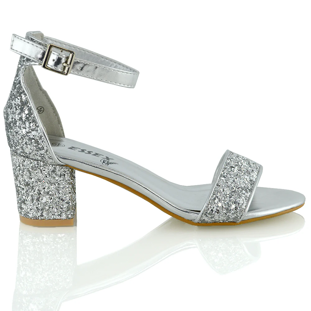 RITA BUCKLE UP ANKLE STRAP LOW MID-BLOCK HIGH HEEL SANDALS IN SILVER GLITTER - Image 6