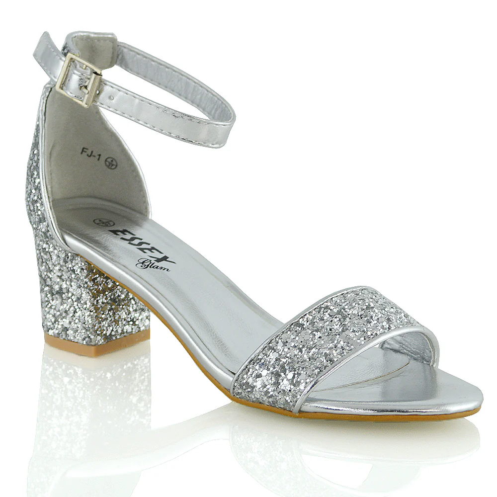 RITA BUCKLE UP ANKLE STRAP LOW MID-BLOCK HIGH HEEL SANDALS IN SILVER GLITTER - Image 8