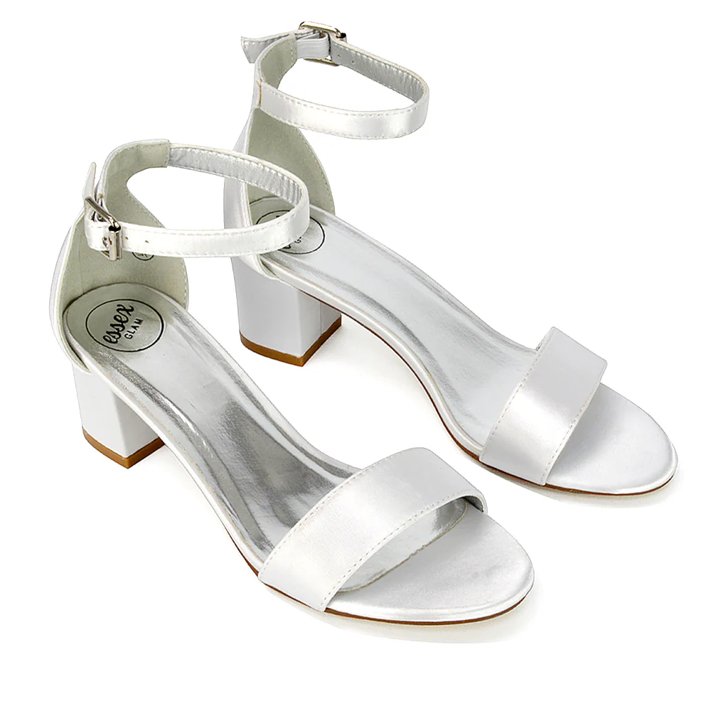 RITA BUCKLE UP ANKLE STRAP LOW MID-BLOCK HIGH HEEL SANDALS IN WHITE SATIN - Image 35