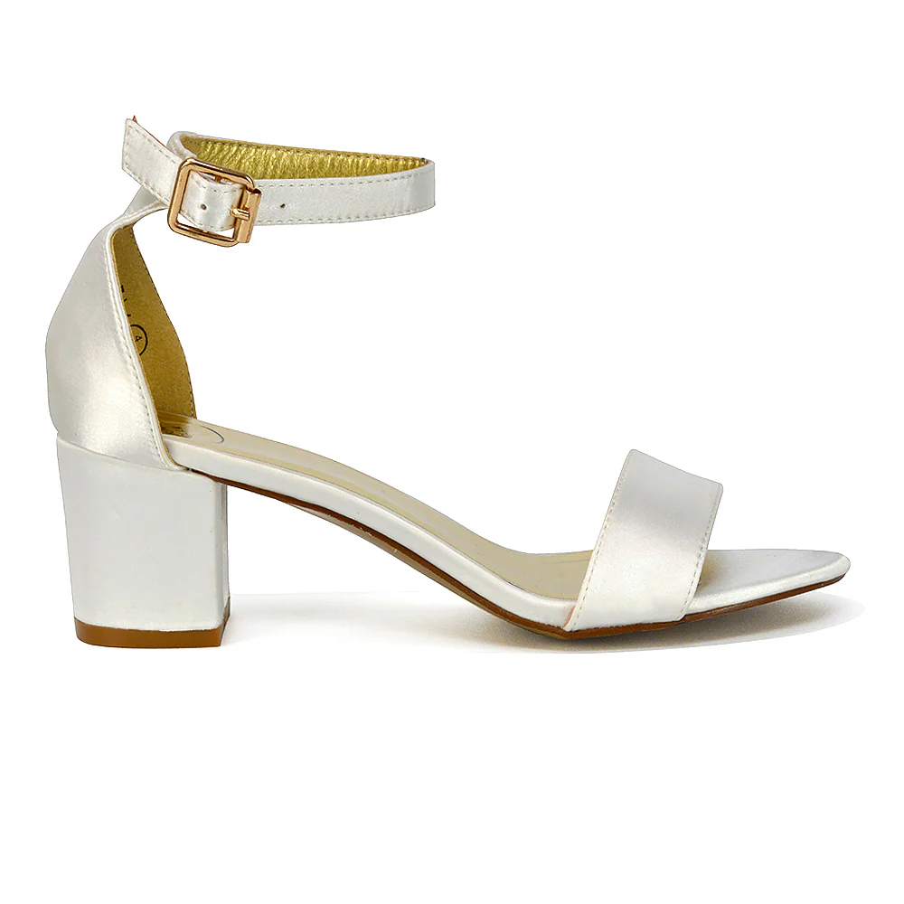 RITA BUCKLE UP ANKLE STRAP LOW MID-BLOCK HIGH HEEL SANDALS IN WHITE SATIN - Image 53