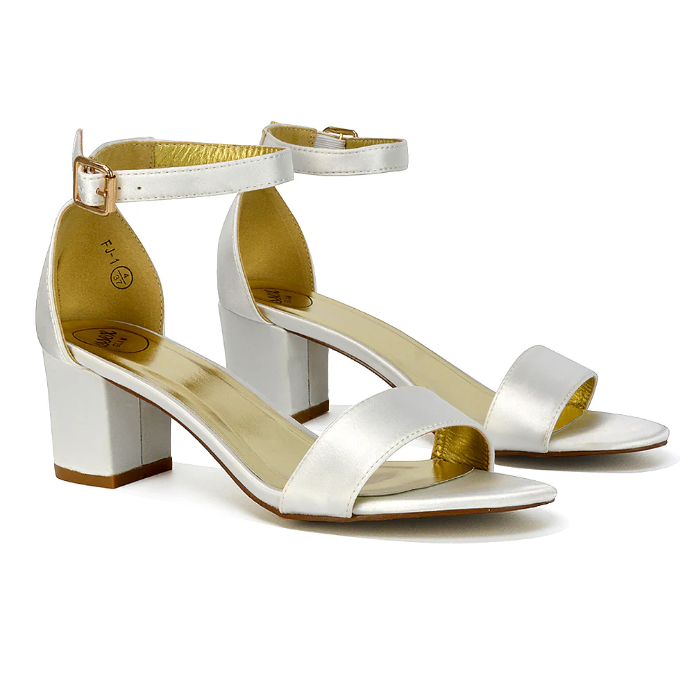 RITA BUCKLE UP ANKLE STRAP LOW MID-BLOCK HIGH HEEL SANDALS IN WHITE SATIN - Image 59