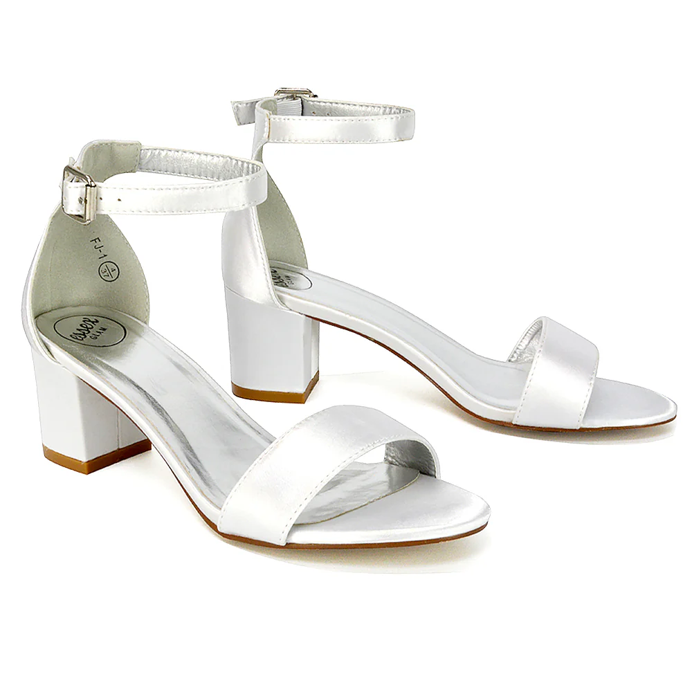 RITA BUCKLE UP ANKLE STRAP LOW MID-BLOCK HIGH HEEL SANDALS IN WHITE SATIN - Image 6