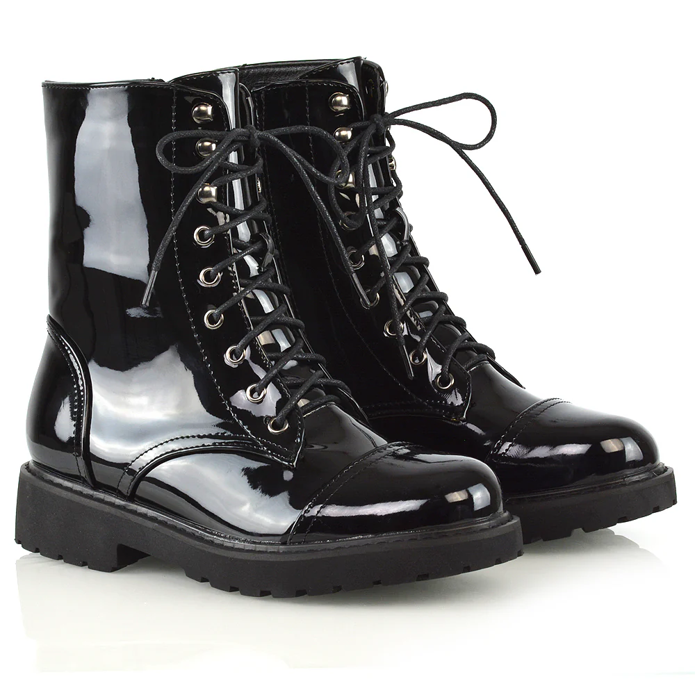 River Lace Up Military Combat Zip-up Flat Ankle Biker Boots In Black Patent - Image 9