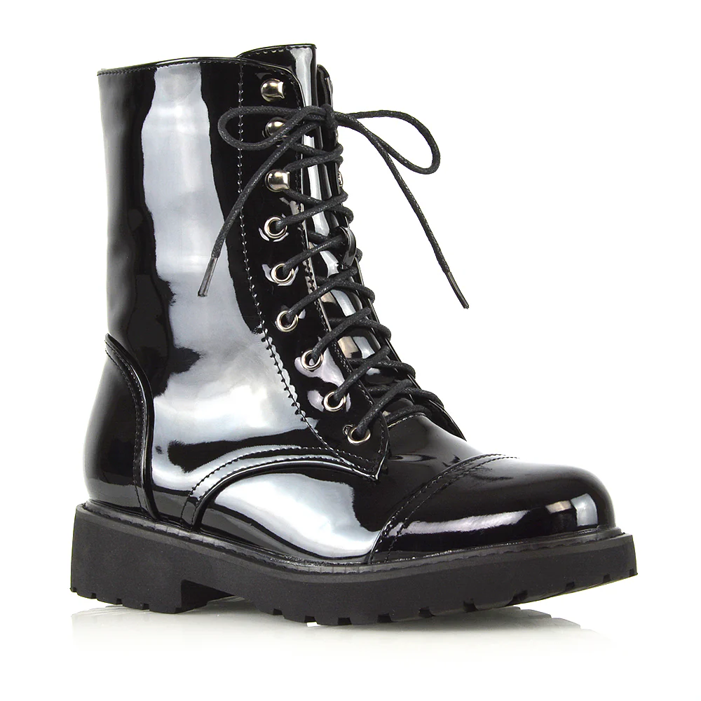 River Lace Up Military Combat Zip-up Flat Ankle Biker Boots In Black Synthetic Leather - Image 143