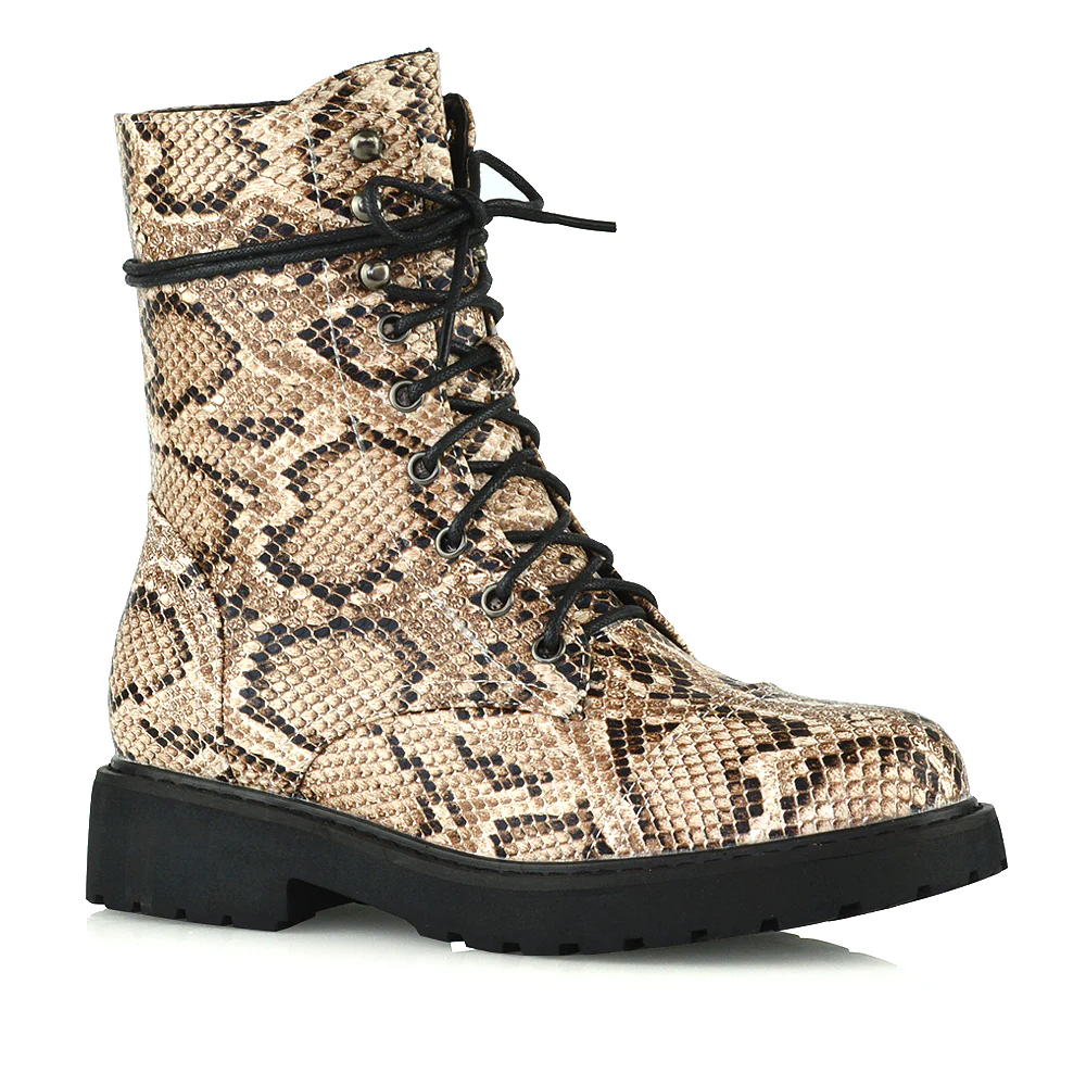 River Lace Up Military Combat Zip-up Flat Ankle Biker Boots In Black Synthetic Leather - Image 163
