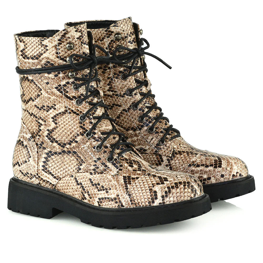 River Lace Up Military Combat Zip-up Flat Ankle Biker Boots In Black Synthetic Leather - Image 182