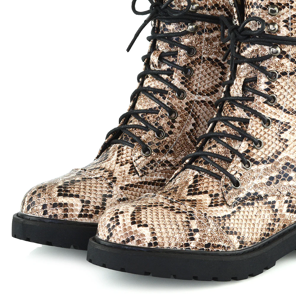 River Lace Up Military Combat Zip-up Flat Ankle Biker Boots In Black Synthetic Leather - Image 185