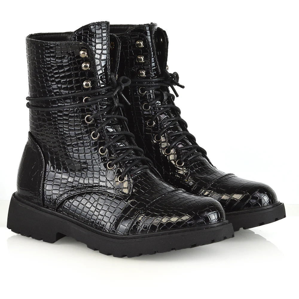 River Lace Up Military Combat Zip-up Flat Ankle Biker Boots In Black Synthetic Leather - Image 187