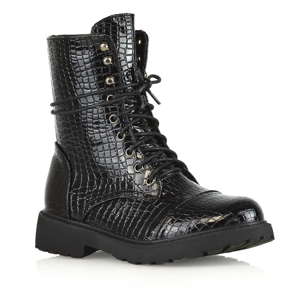 River Lace Up Military Combat Zip-up Flat Ankle Biker Boots In Black Synthetic Leather - Image 188