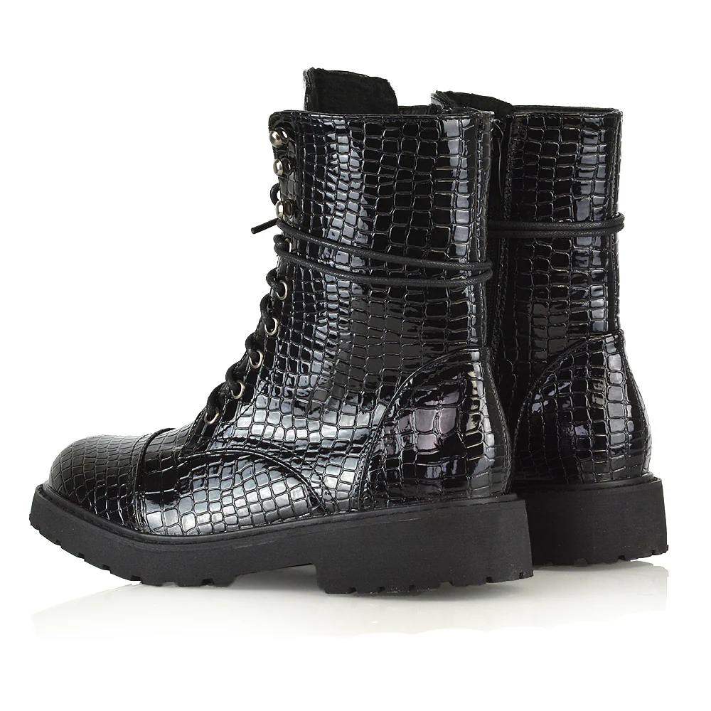 River Lace Up Military Combat Zip-up Flat Ankle Biker Boots In Black Synthetic Leather - Image 206