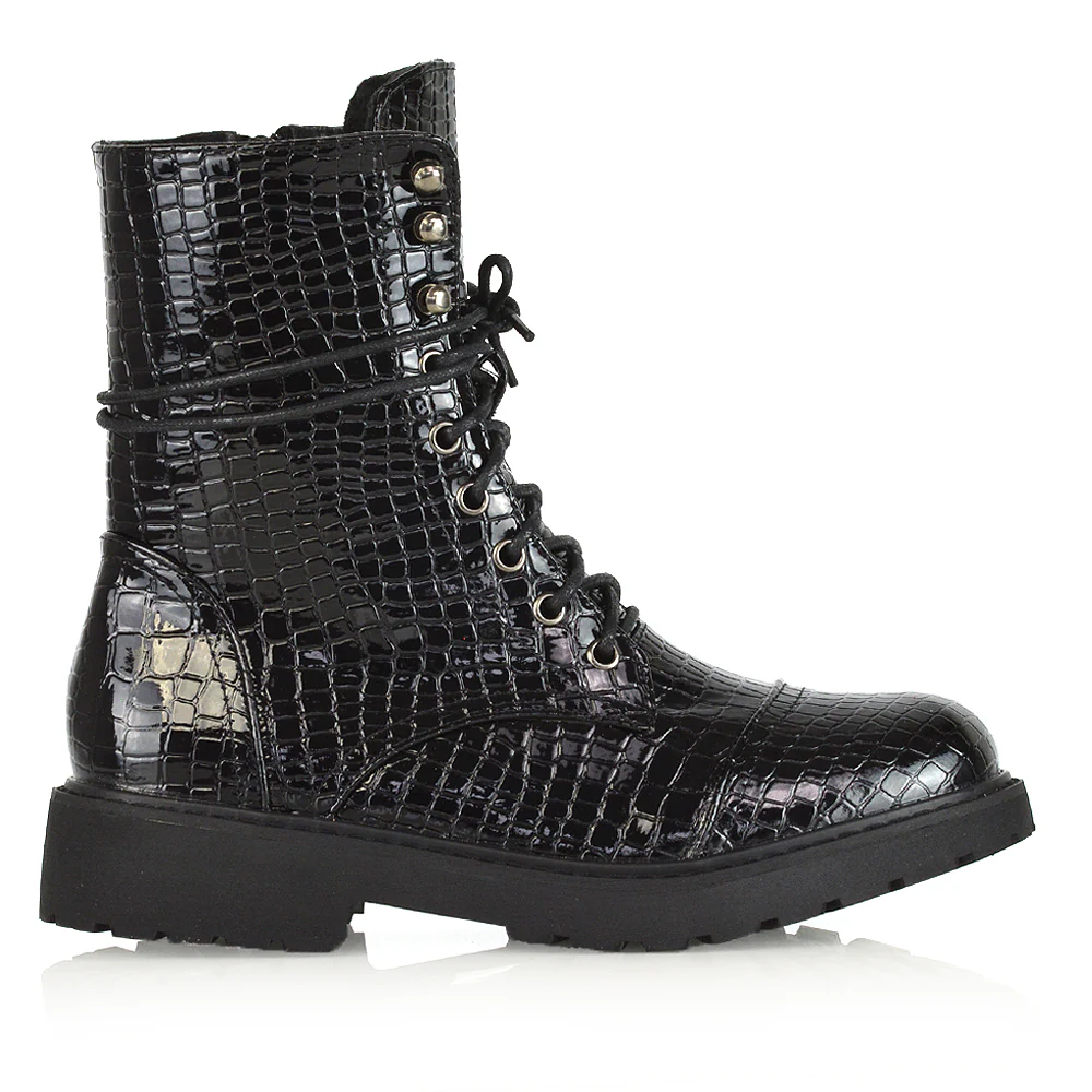 River Lace Up Military Combat Zip-up Flat Ankle Biker Boots In Black Synthetic Leather - Image 214