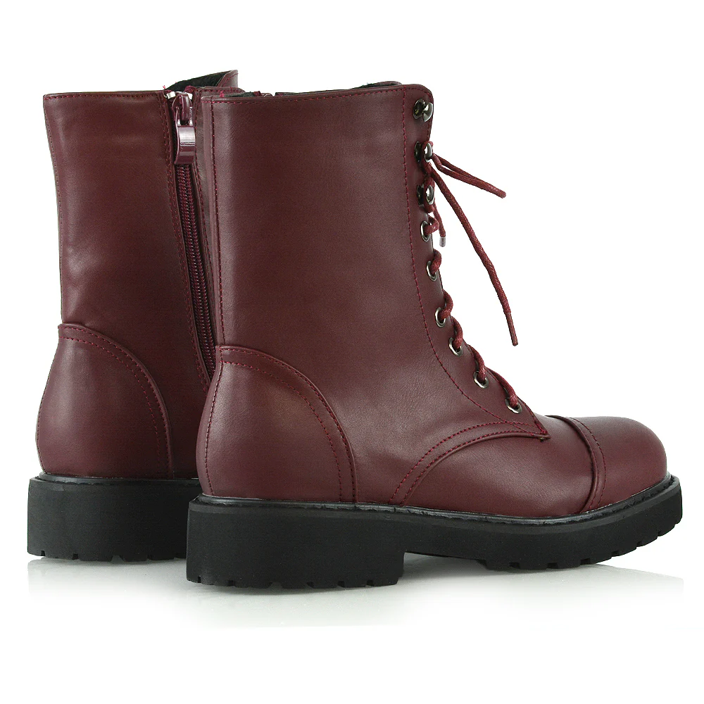 River Lace Up Military Combat Zip-up Flat Ankle Biker Boots In Black Synthetic Leather - Image 26