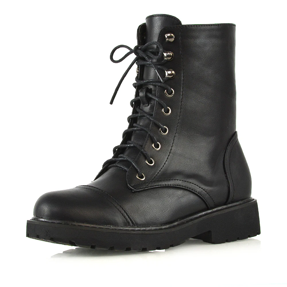 River Lace Up Military Combat Zip-up Flat Ankle Biker Boots In Black Synthetic Leather - Image 43