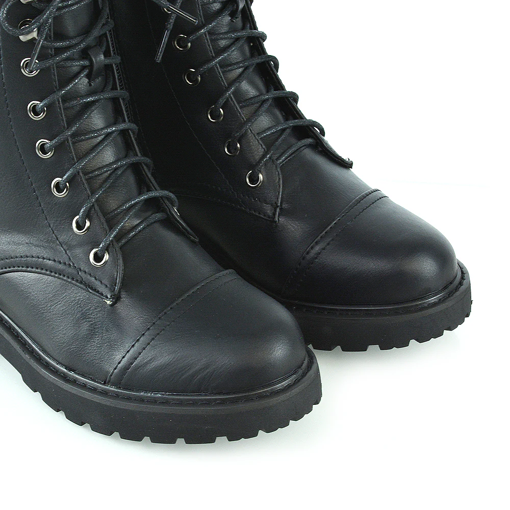 River Lace Up Military Combat Zip-up Flat Ankle Biker Boots In Black Synthetic Leather - Image 6
