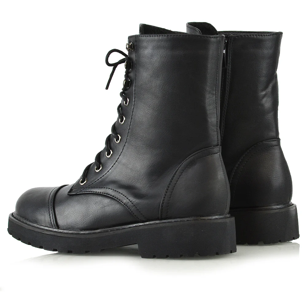 River Lace Up Military Combat Zip-up Flat Ankle Biker Boots In Black Synthetic Leather - Image 61