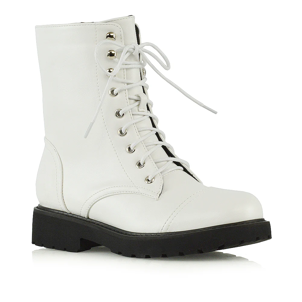 River Lace Up Military Combat Zip-up Flat Ankle Biker Boots In Black Synthetic Leather - Image 68