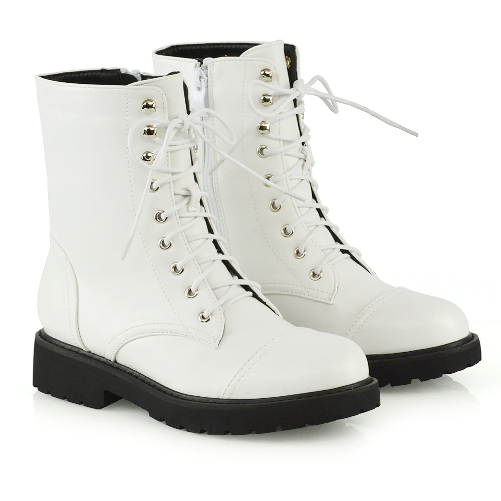 River Lace Up Military Combat Zip-up Flat Ankle Biker Boots In Black Synthetic Leather - Image 82