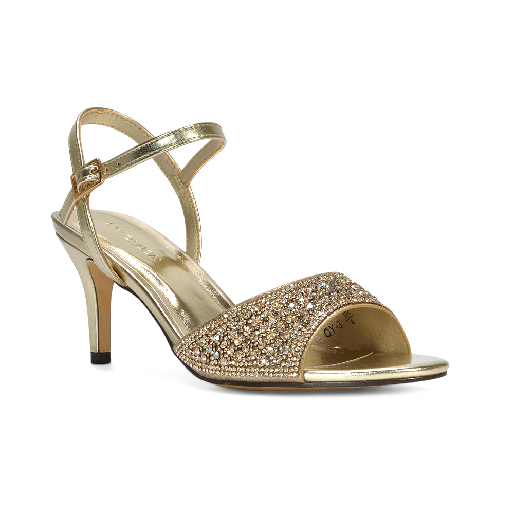 Robin Ankle Strap Mid Stiletto Peep Toe Diamante Sparkly Heels in Black Satin - Image 9