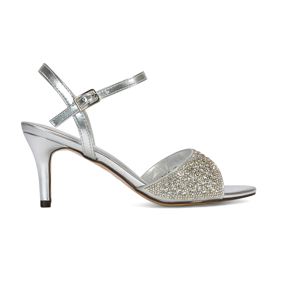 Robin Ankle Strap Mid Stiletto Peep Toe Diamante Sparkly Heels in Black Satin - Image 14
