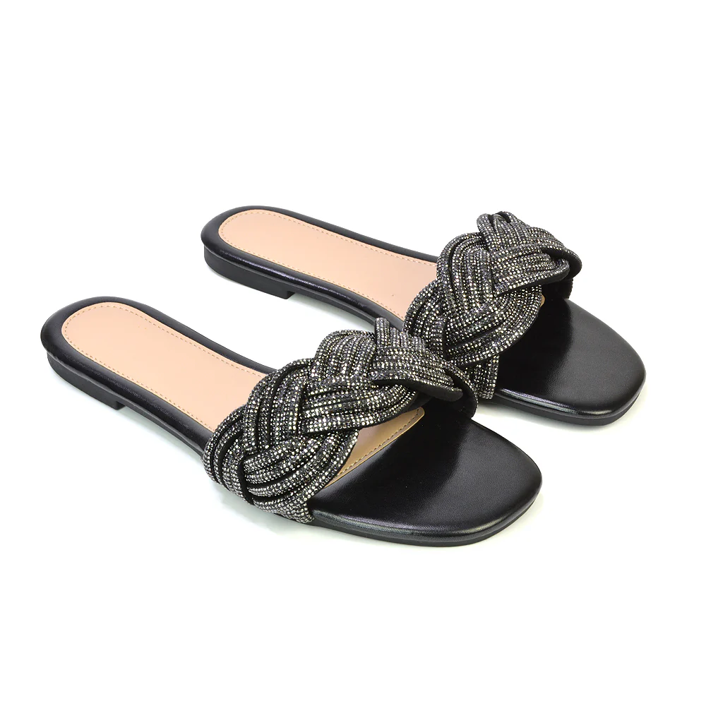 Robin Strappy Square Toe Metallic Summer Diamante Flat Sandal Slides in Black - Image 106