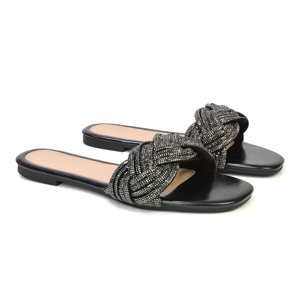 Robin Strappy Square Toe Metallic Summer Diamante Flat Sandal Slides in Black - Image 113