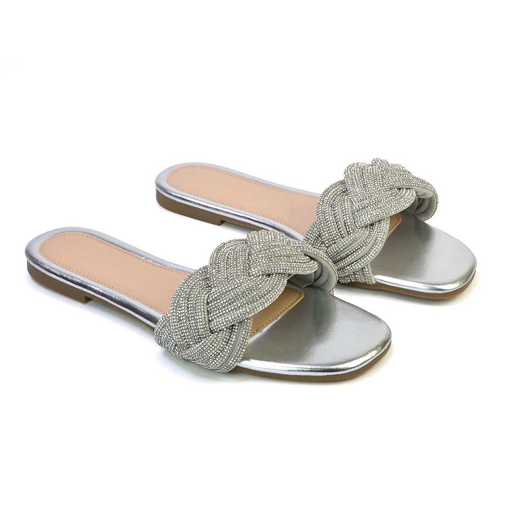 Robin Strappy Square Toe Metallic Summer Diamante Flat Sandal Slides in Black - Image 22