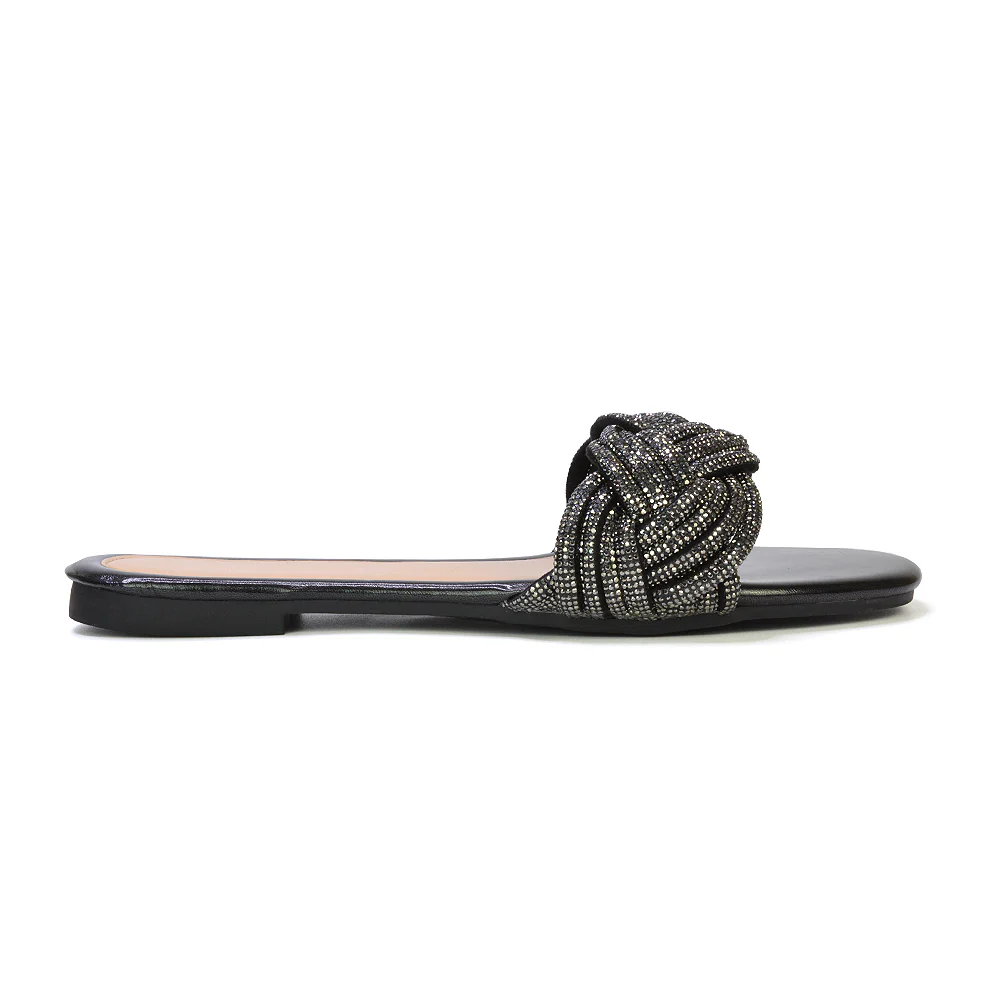 Robin Strappy Square Toe Metallic Summer Diamante Flat Sandal Slides in Black - Image 3