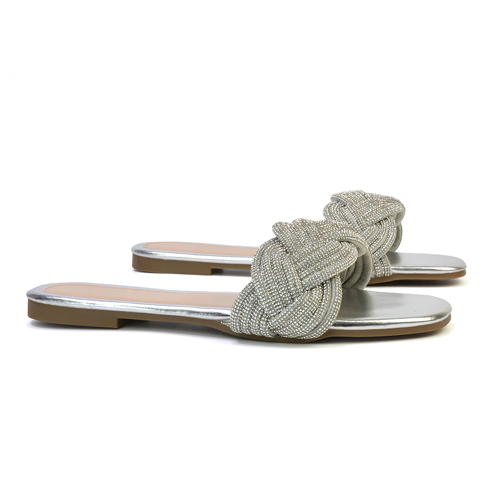 Robin Strappy Square Toe Metallic Summer Diamante Flat Sandal Slides in Black - Image 37
