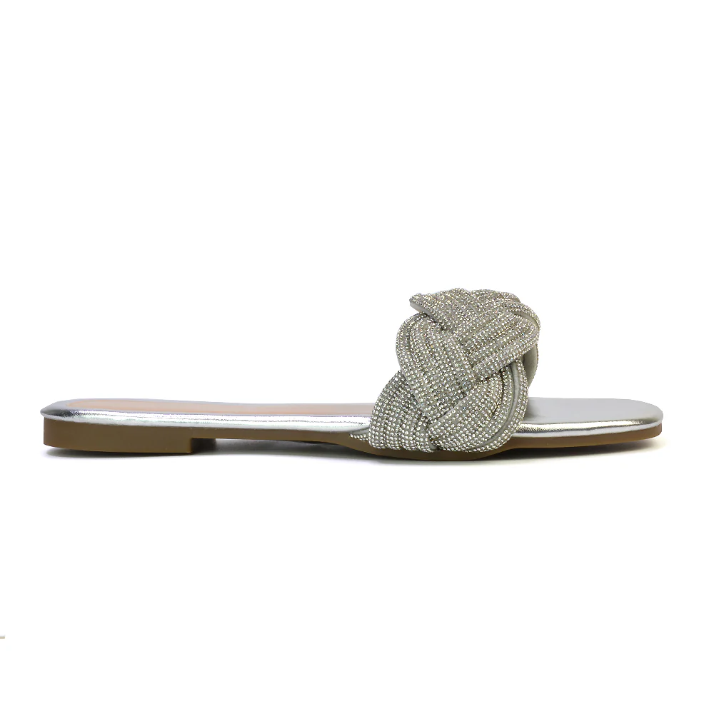Robin Strappy Square Toe Metallic Summer Diamante Flat Sandal Slides in Black - Image 39