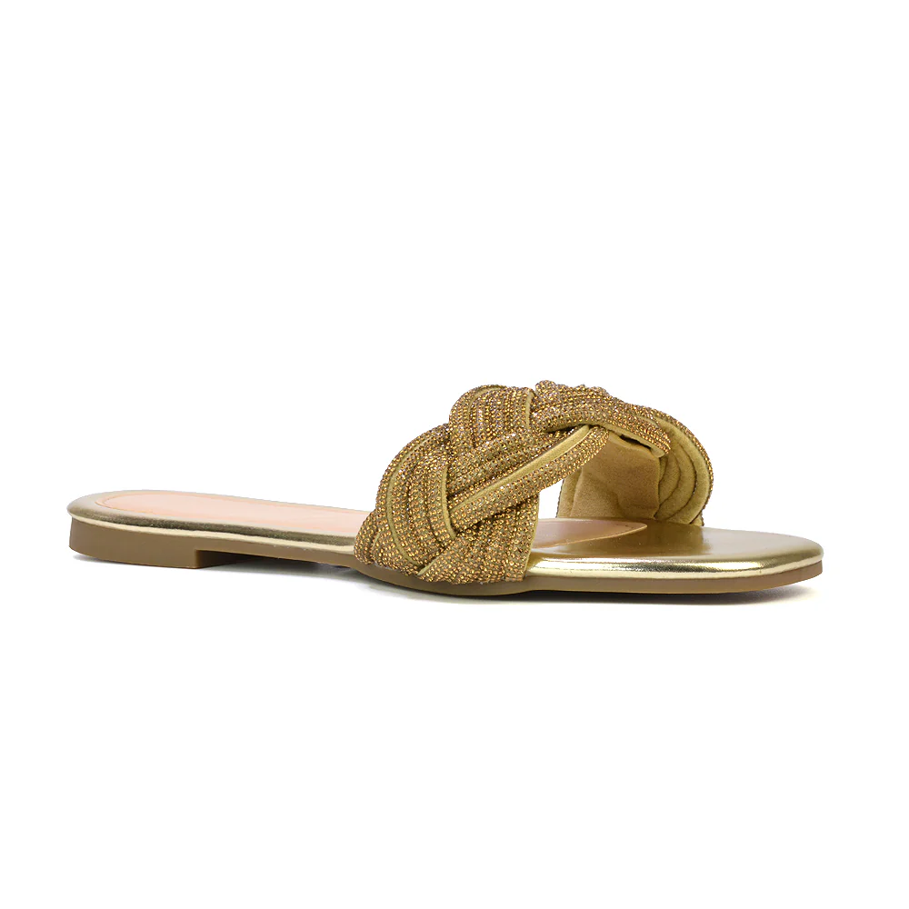 Robin Strappy Square Toe Metallic Summer Diamante Flat Sandal Slides in Black - Image 44
