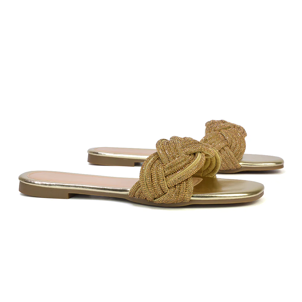 Robin Strappy Square Toe Metallic Summer Diamante Flat Sandal Slides in Black - Image 61