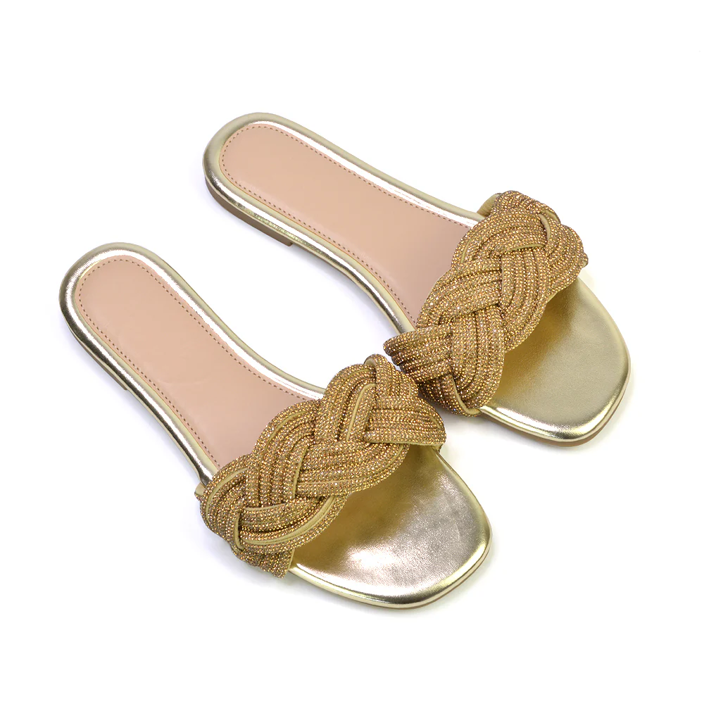 Robin Strappy Square Toe Metallic Summer Diamante Flat Sandal Slides in Black - Image 72