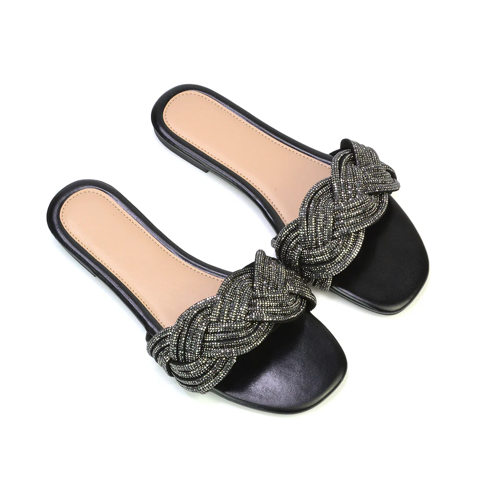 Robin Strappy Square Toe Metallic Summer Diamante Flat Sandal Slides in Gold - Image 114