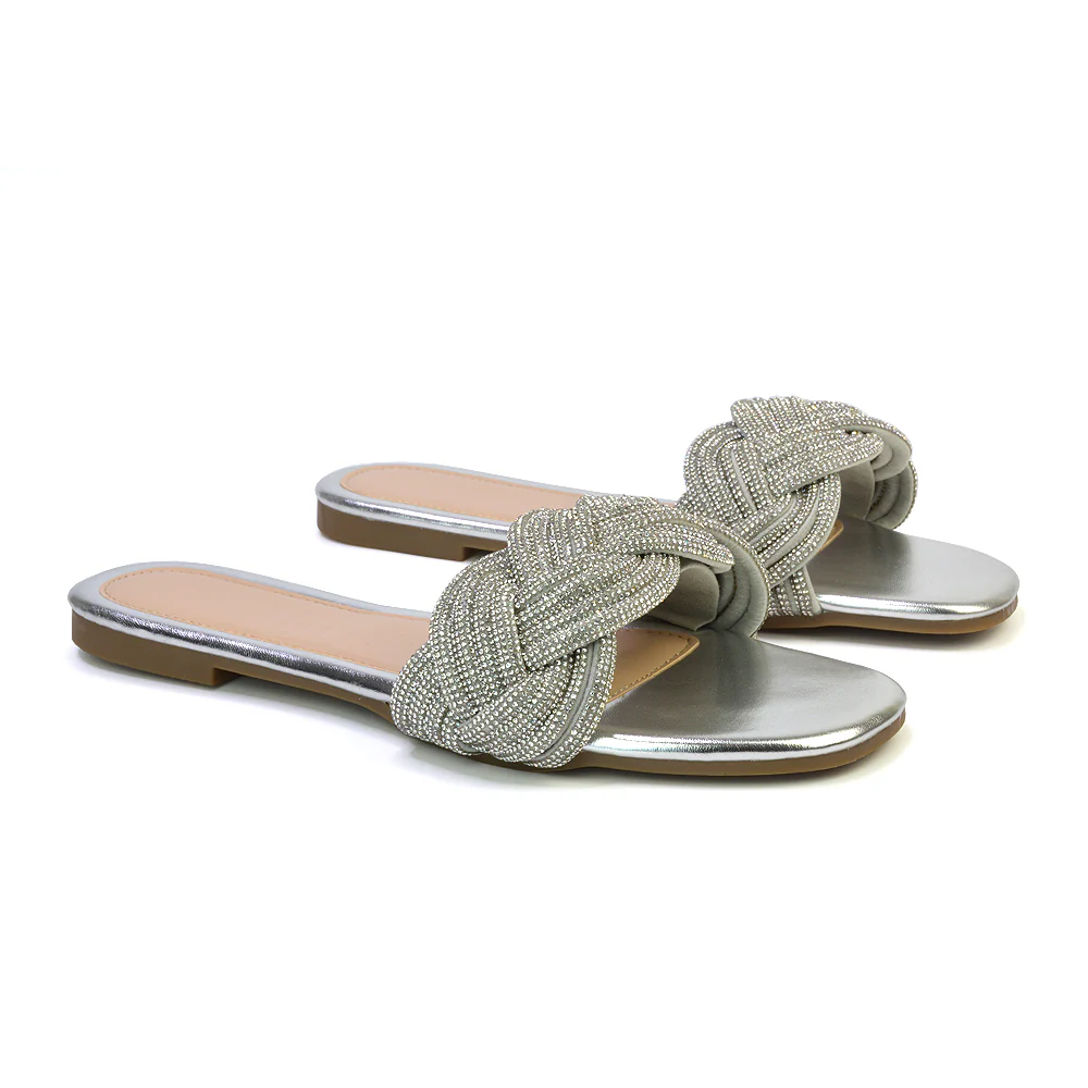 Robin Strappy Square Toe Metallic Summer Diamante Flat Sandal Slides in Gold - Image 17